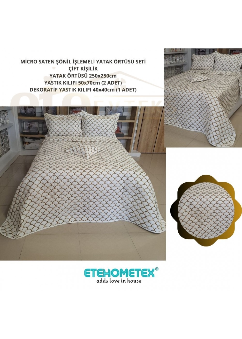 MİCRO SATEN ŞÖNİL İŞLEMELİ ÇİFT KİŞİLİK YATAK ÖRTÜSÜ SETİ KREM 8696474231906